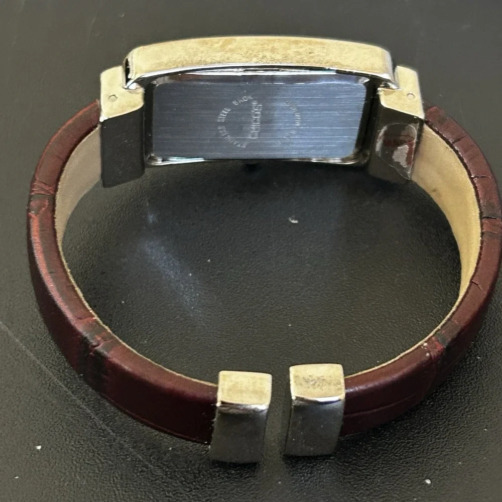 Chicos Crystal Cuff Watch Pink Dial Brown Band Statement Rhinestone Bezel‎